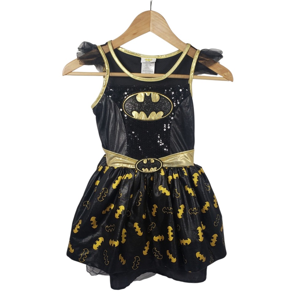 Batgirl Dress Halloween Costume Black‎ Gold Sequin Skirt Small 7/8